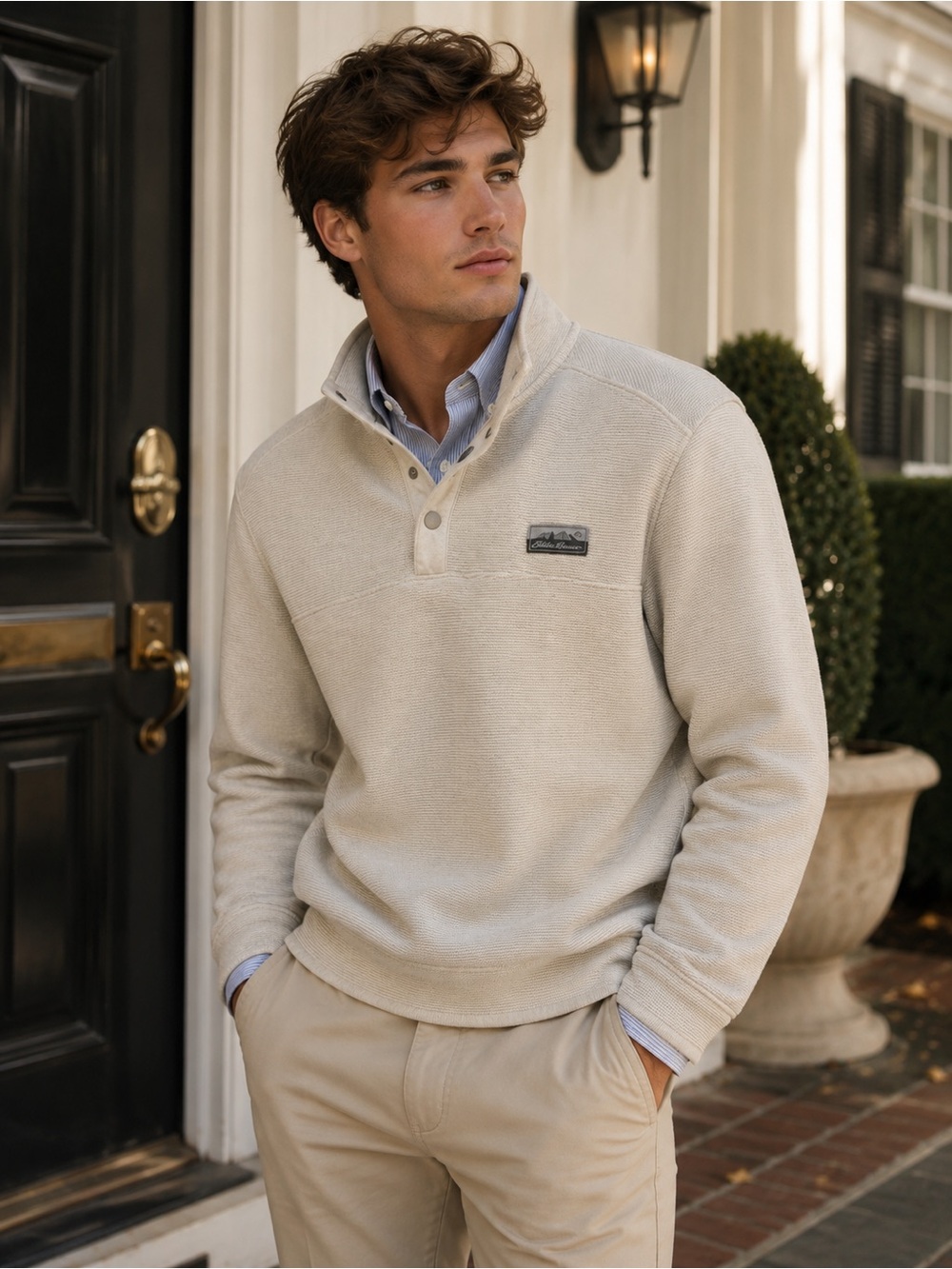 NWT Eddie Bauer Sweater Fleece Pullover Oatmeal Beige Snap Neck Men’s Medium